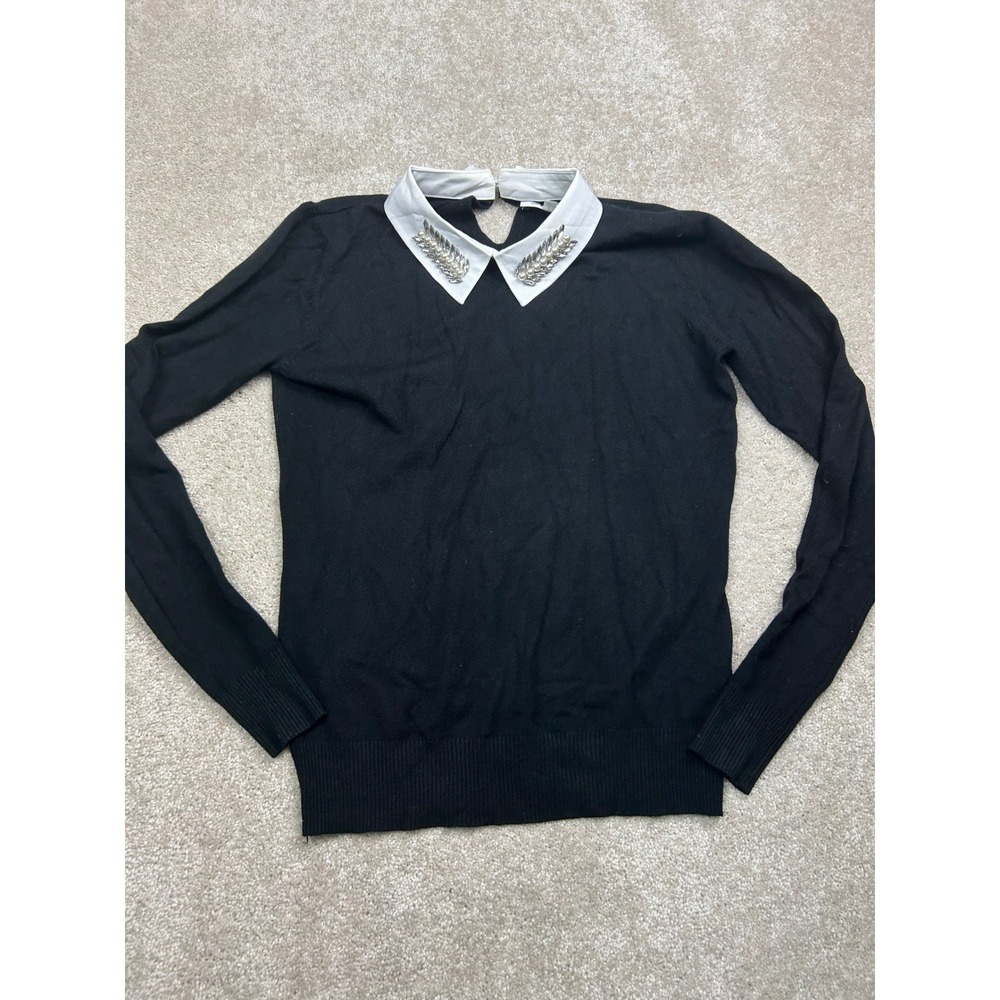 Siani Milano Pearl Rhinestone Collar Sweater S Black White Preppy Dark Academia